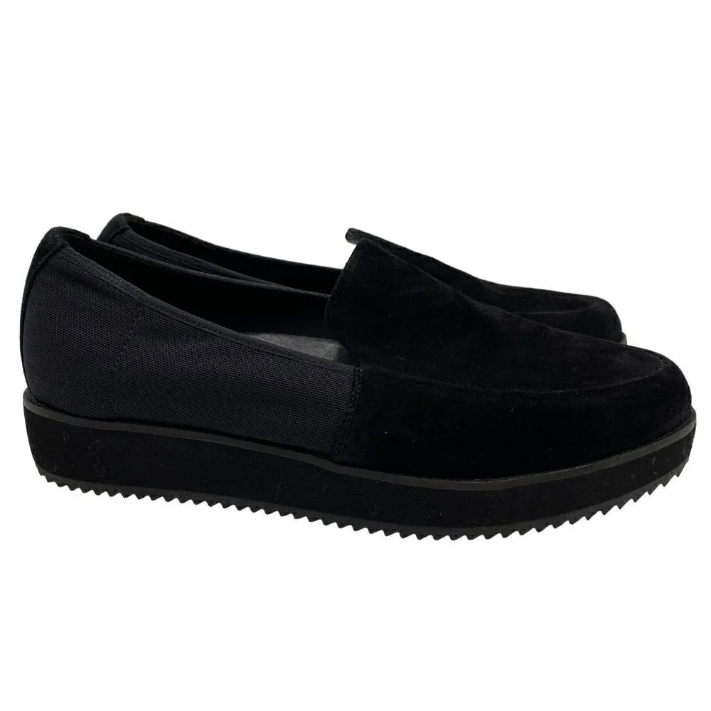 Eileen Fisher Dell Platform Loafer Black Suede Stretch Slip-On Women Sz 8.5